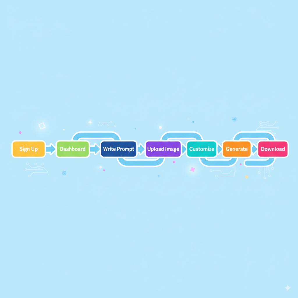 Illustration of a simple flowchart Illustration of a simple flowchart: Sign Up → Dashboard → Write Prompt → Upload Image → Customize → Generate → Download. Clean and easy-to-follow design.