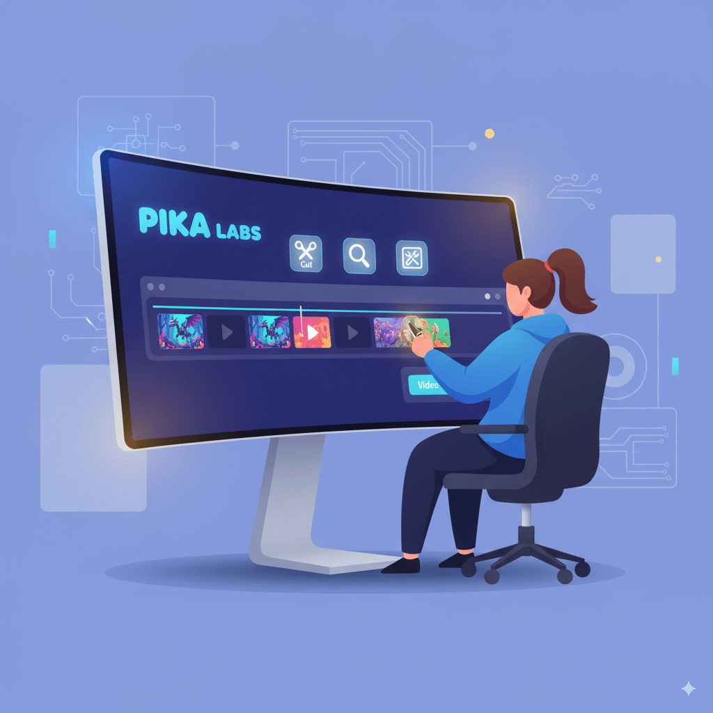 creator trimming and adjusting a video timeline in Pika Labs Flat illustration of a creator trimming and adjusting a video timeline in Pika Labs, with tools like cut, zoom, and frame fix glowing above.