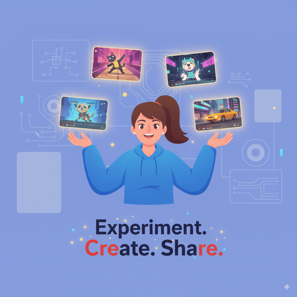 happy creator holding glowing mini video scenes Inspiring illustration of a happy creator holding glowing mini video scenes (cat breakdancing, sci-fi dog, anime car chase). Caption: “Experiment. Create. Share.”