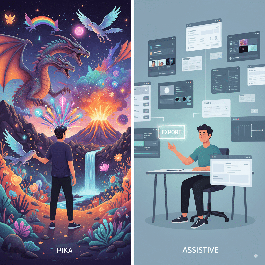 maginative artwork showing two filmmakers An imaginative artwork showing two filmmakers: one surrounded by wild fantasy creatures and exploding visuals (Pika), and the other with organized video templates and editing panels (Assistive).