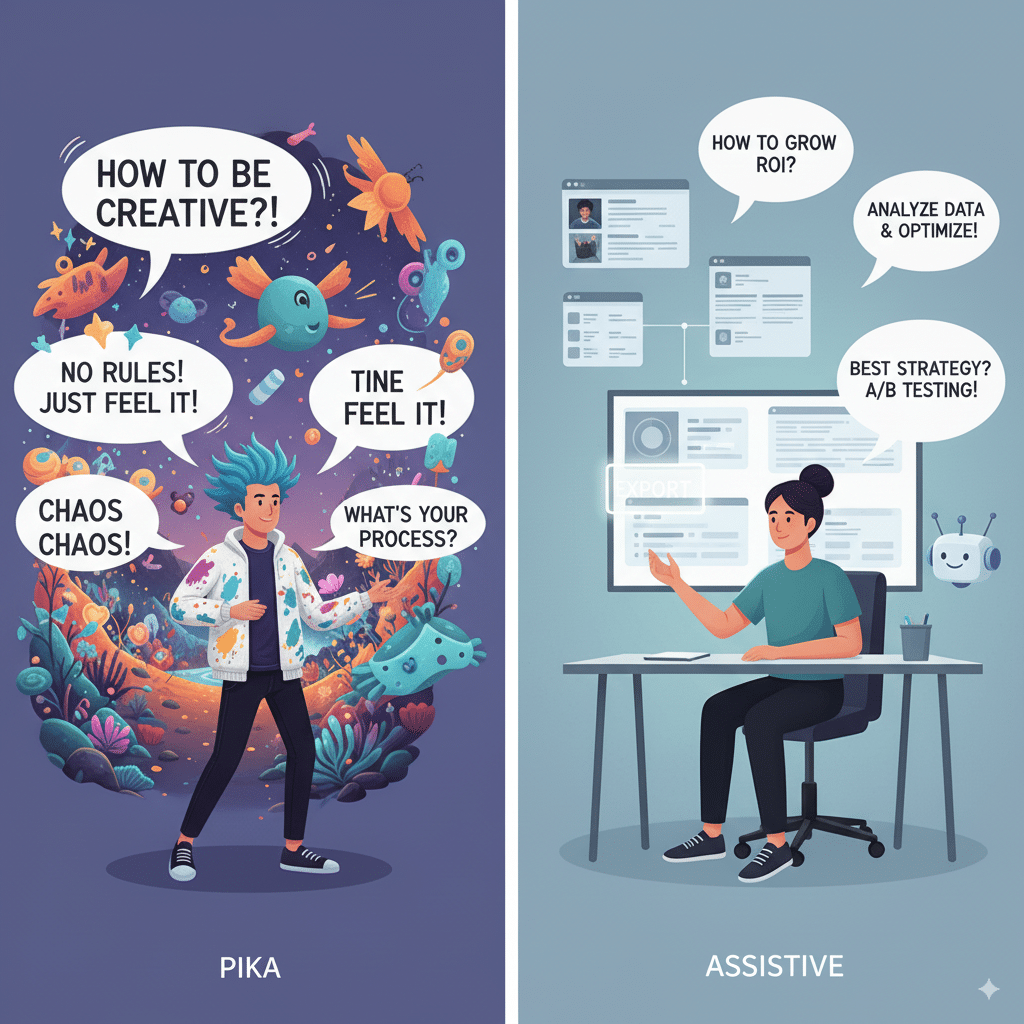 lat modern illustration of two characters A flat modern illustration of two characters (Pika = wild creative artist, Assistive = professional marketer) answering FAQs in comic-style speech bubbles.