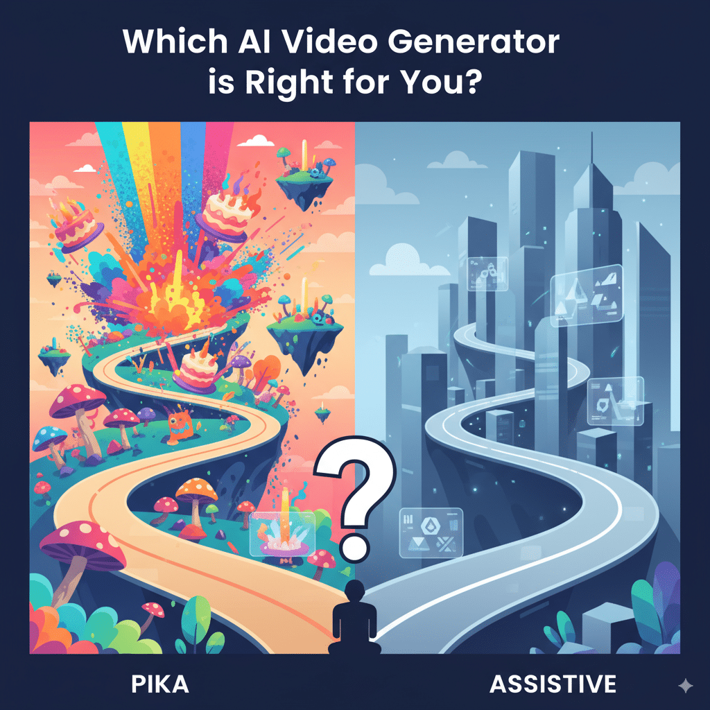 decision-making forked road illustration A decision-making forked road illustration: Left path → chaotic, colorful fantasy road with exploding cakes (Pika). Right path → clean, professional corporate road with polished branding (Assistive).
Text overlay: “Which AI Video Generator is Right for You?”.