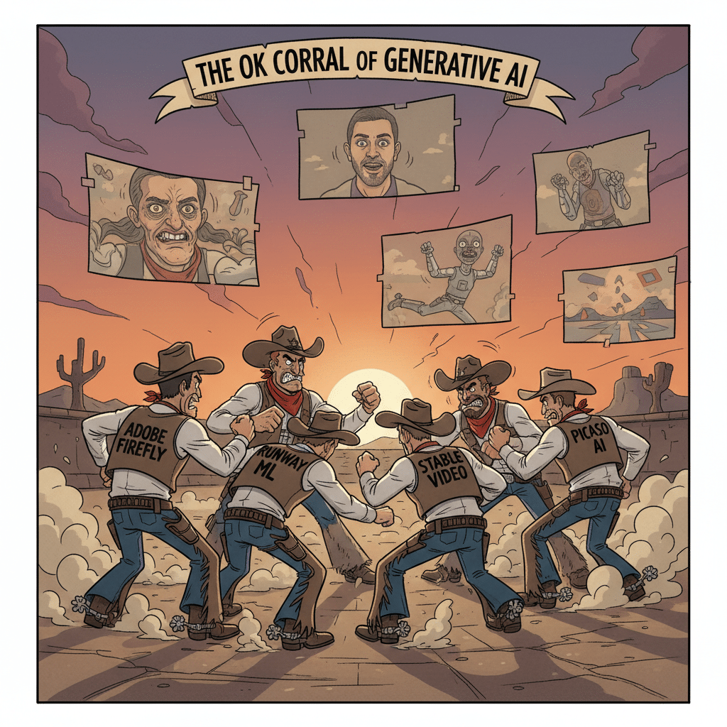 cowboys labeled “AI Video Tools” battling in a dusty arena A Wild West themed cartoon scene: cowboys labeled “AI Video Tools” battling in a dusty arena, while some AI-generated nightmare clips (weird faces, jerky animations) float in the background.