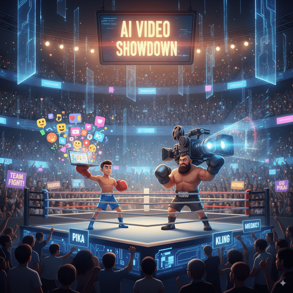 Two boxing-ring fighters Two boxing-ring fighters: Fighter 1 → Pika, holding a laptop with playful, social-style animations. Fighter 2 → Kling, holding a camera rig with cinematic effects.
Audience cheering in a glowing AI stadium.