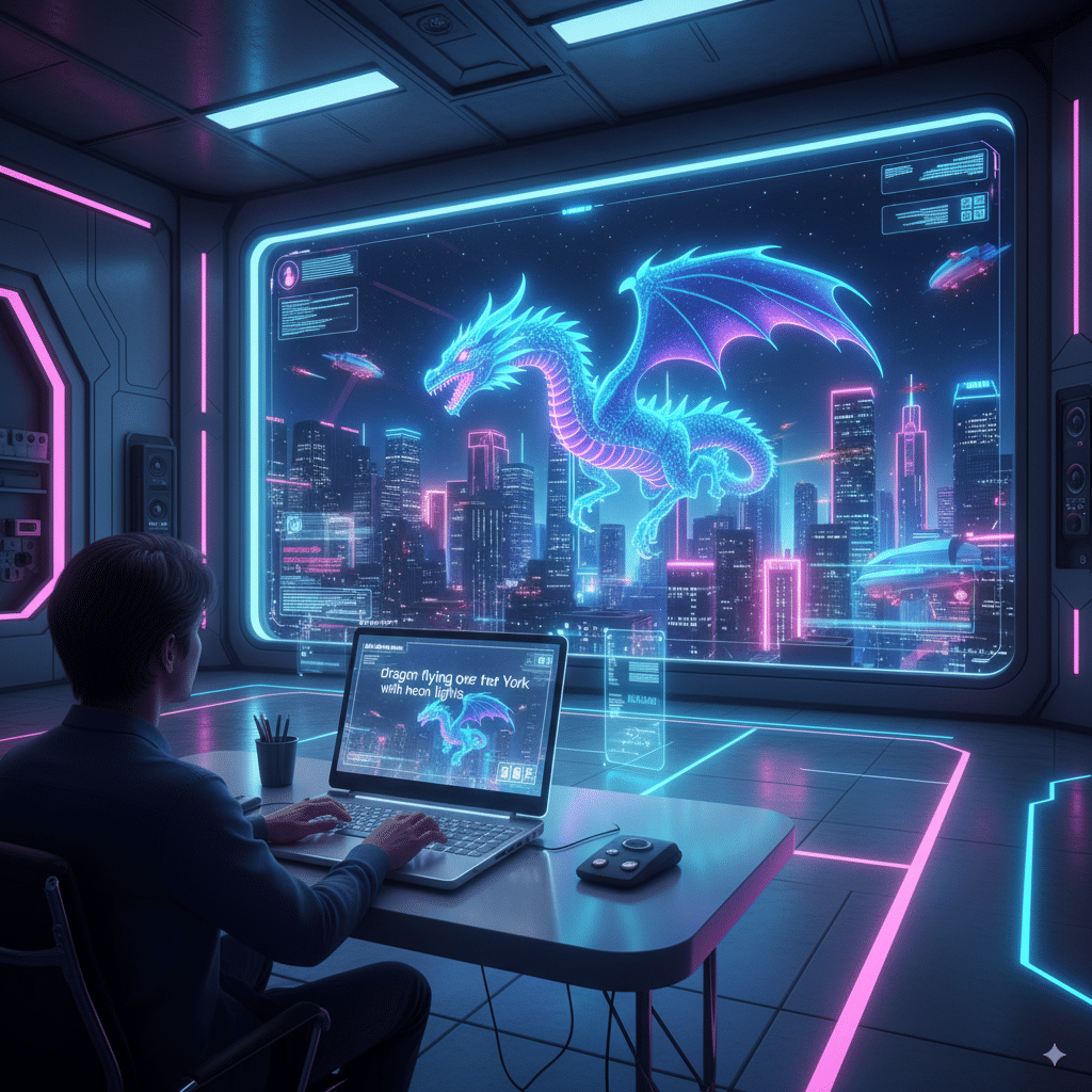 person types “dragon flying over New York with neon lights” A futuristic classroom / studio scene where a person types “dragon flying over New York with neon lights” into a laptop, and the AI instantly projects a glowing animated video on a big holographic screen.