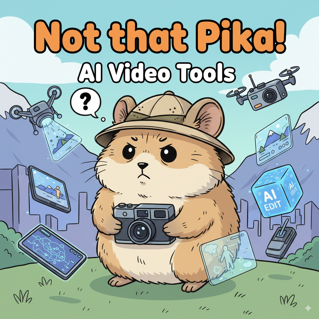 ute American pika (the animal) holding a camera A funny, cartoon-style drawing of a cute American pika (the animal) holding a camera, looking confused while surrounded by futuristic AI video tools. Text overlay: “Not that Pika!”.