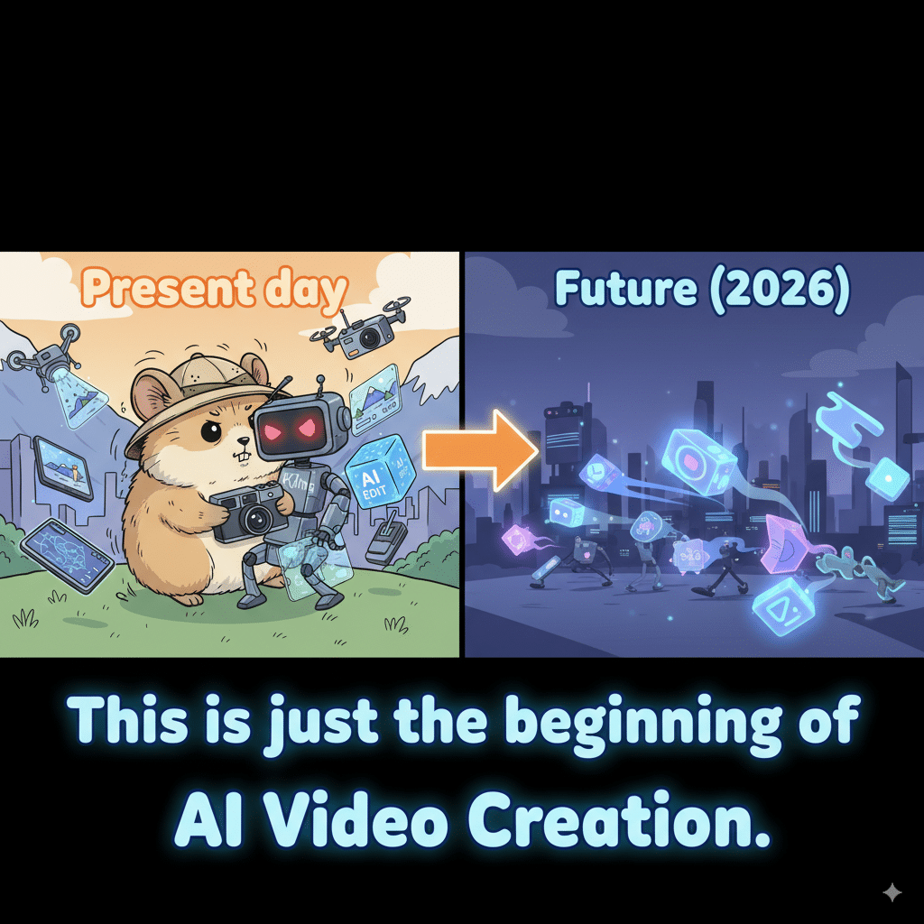 futuristic timeline scene showing AI video evolution A futuristic timeline scene showing AI video evolution: Present day → Pika and Kling battling. Future → glowing new AI tools approaching in 2026.
Overlay text: “This is just the beginning of AI Video Creation.”