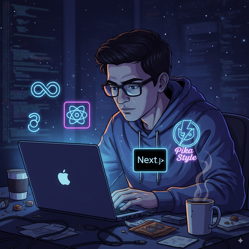 solo indie developer (Rishi Mohan) coding on a laptop Portrait-style illustration of a solo indie developer (Rishi Mohan) coding on a laptop at night with coffee cups around, surrounded by glowing icons of VS Code, React, Next.js, and Pika Style logo.