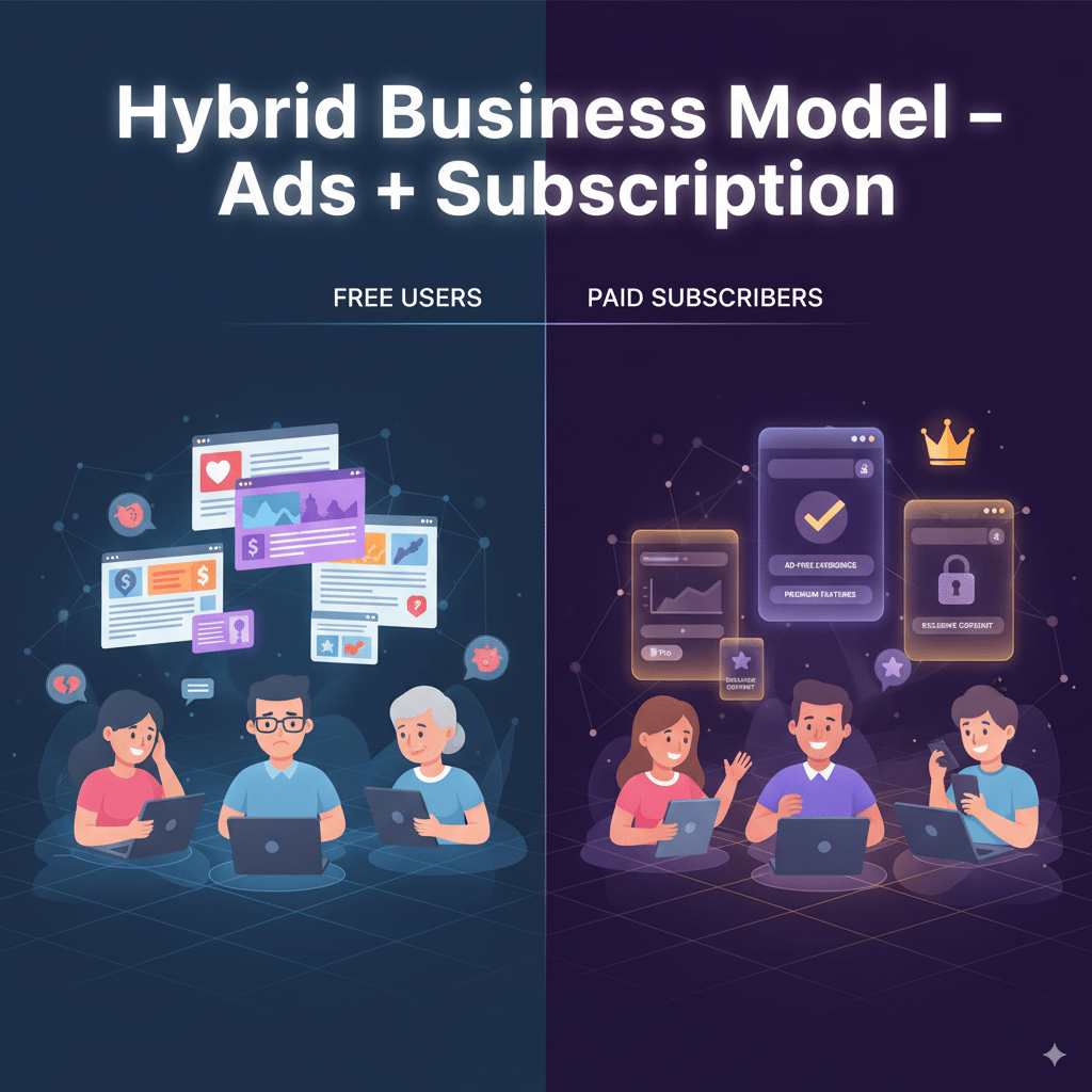 Business concept illustration showing two groups of users Business concept illustration showing two groups of users: Left → Free users with ads floating above their screens. Right → Paid subscribers enjoying premium features with glowing polished screenshots.
Overlay text: “Hybrid Business Model – Ads + Subscription”.