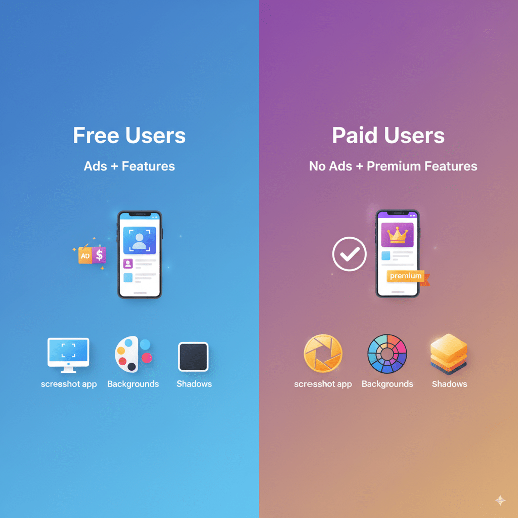 nfographic-style image An infographic-style image: “Free Users = Ads + Features” “Paid Users = No Ads + Premium Features”
Icons: 💻 screenshot app, 🎨 backgrounds, 🖼️ shadows.
