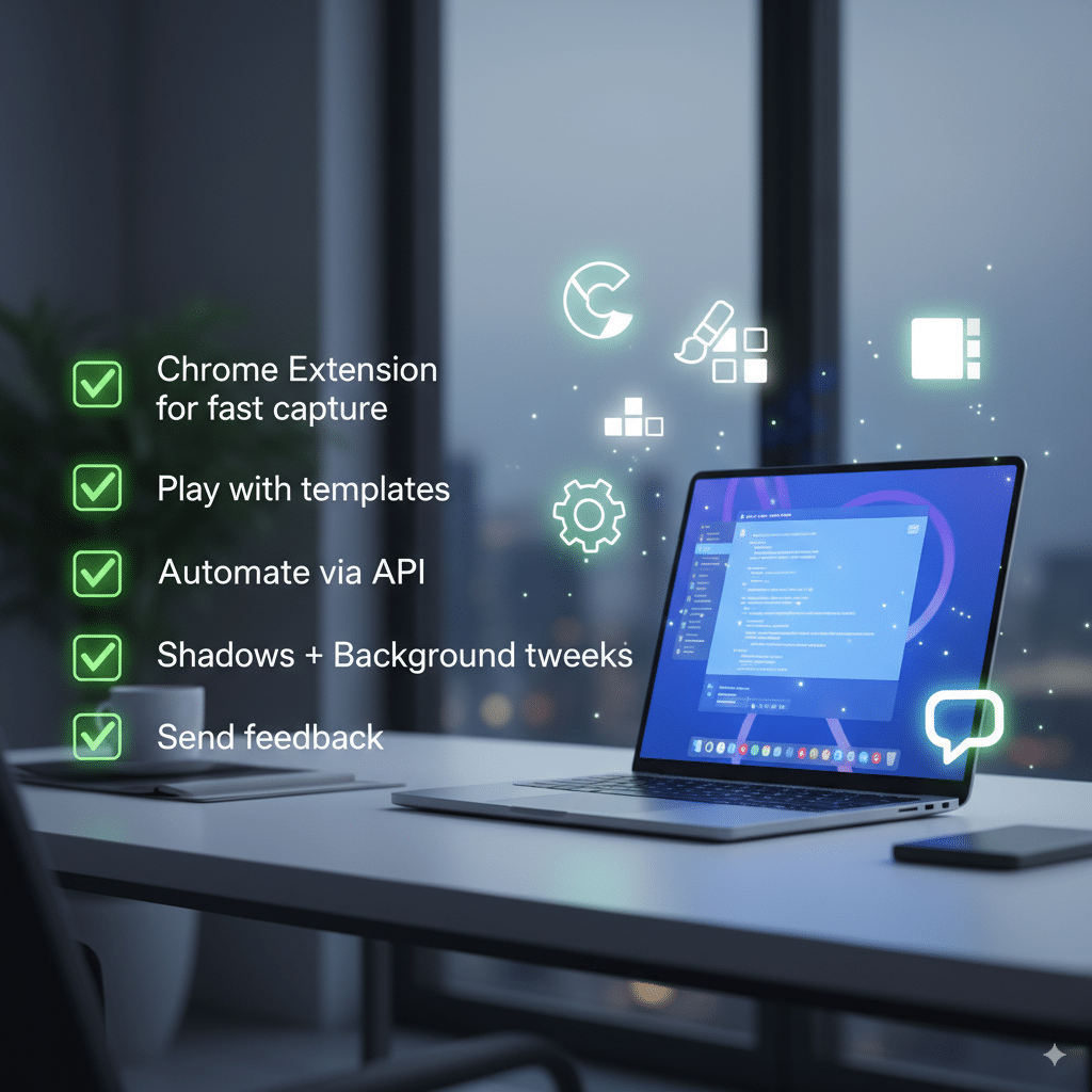 Modern workspace with glowing laptop Checklist-style image: ✅ Chrome Extension for fast capture ✅ Play with templates ✅ Automate via API ✅ Shadows + Background tweaks ✅ Send feedback
Modern workspace with glowing laptop.