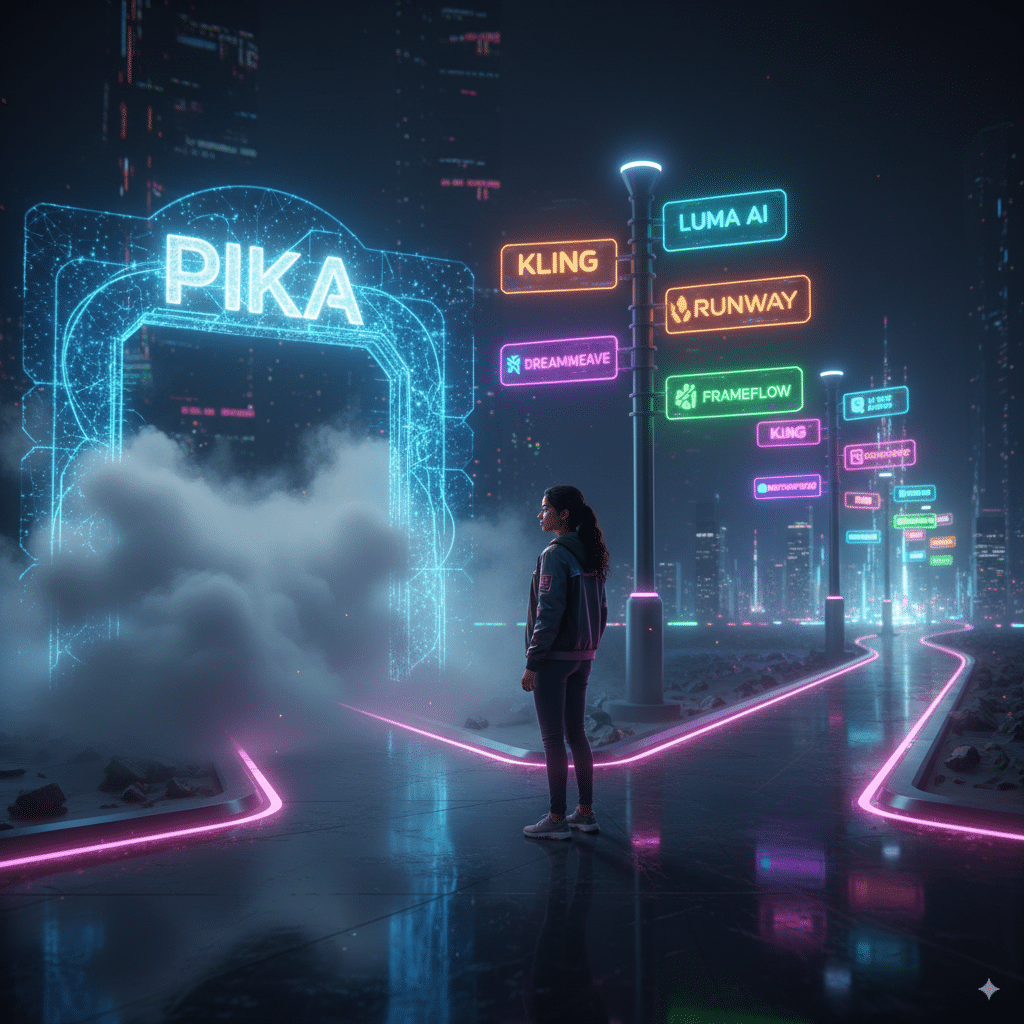 A person standing at a crossroads. Visual metaphor: A person standing at a crossroads. One road labeled “Pika” with sparkly AI effects but foggy uncertainties. Another road with multiple glowing signboards: Luma, Kling, Runway, etc.