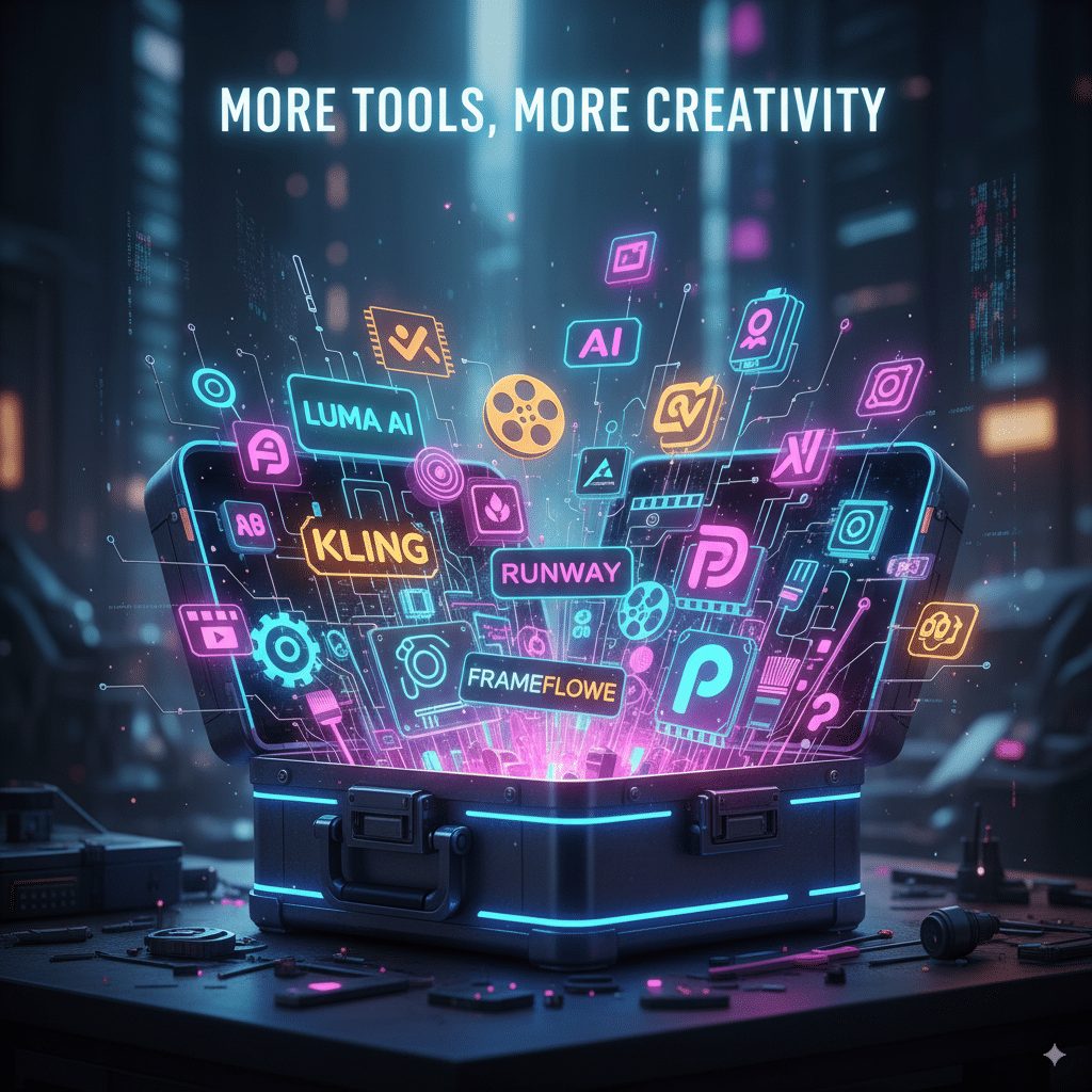 Toolbox illustration filled with glowing AI tools Toolbox illustration filled with glowing AI tools (logos, icons, film reels). Tagline: “More tools, more creativity.”