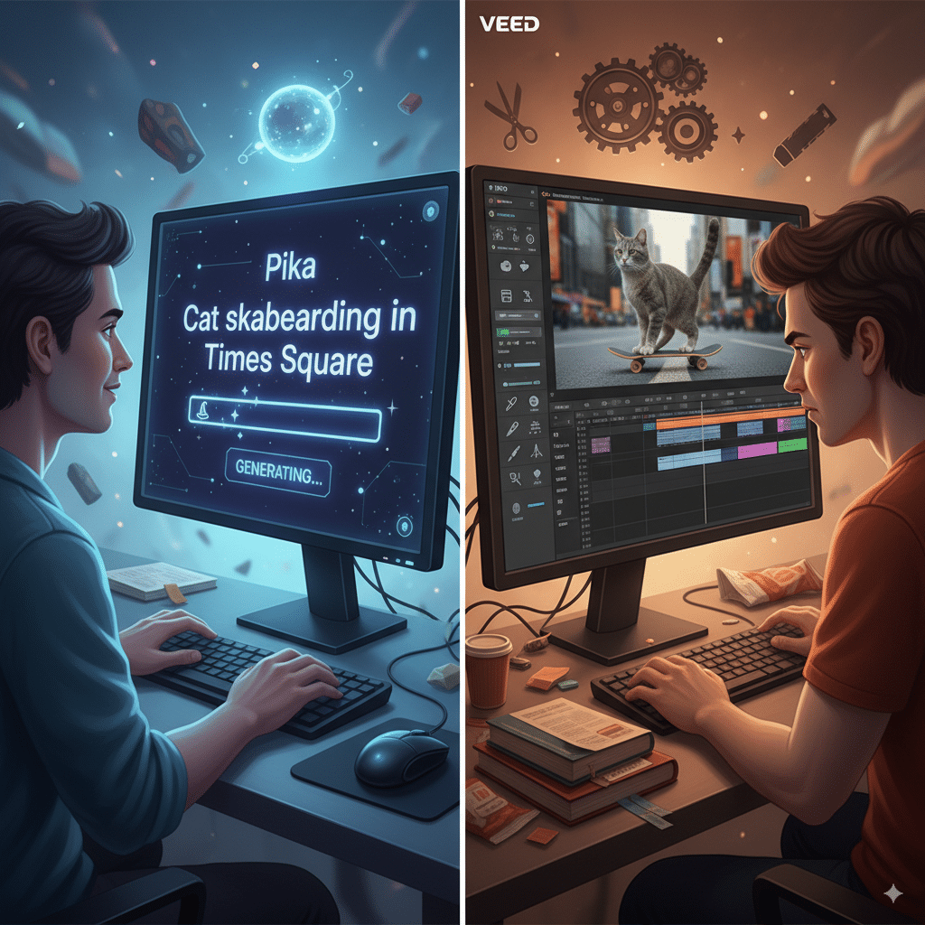 Emphasis on magic vs manual editing Fun contrast visual: Left: A person typing a text prompt into Pika (“Cat skateboarding in Times Square”). Right: Another person editing footage in Veed with a classic timeline and tools. Emphasis on magic vs manual editing.
