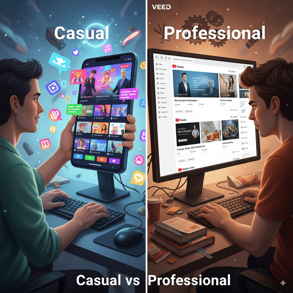 Illustration of two content creators Illustration of two content creators: Pika side: TikTok/Instagram-style phone screen with flashy short clips. Veed side: YouTube/LinkedIn-style screen with polished video thumbnails. Tagline: “Casual vs Professional”.