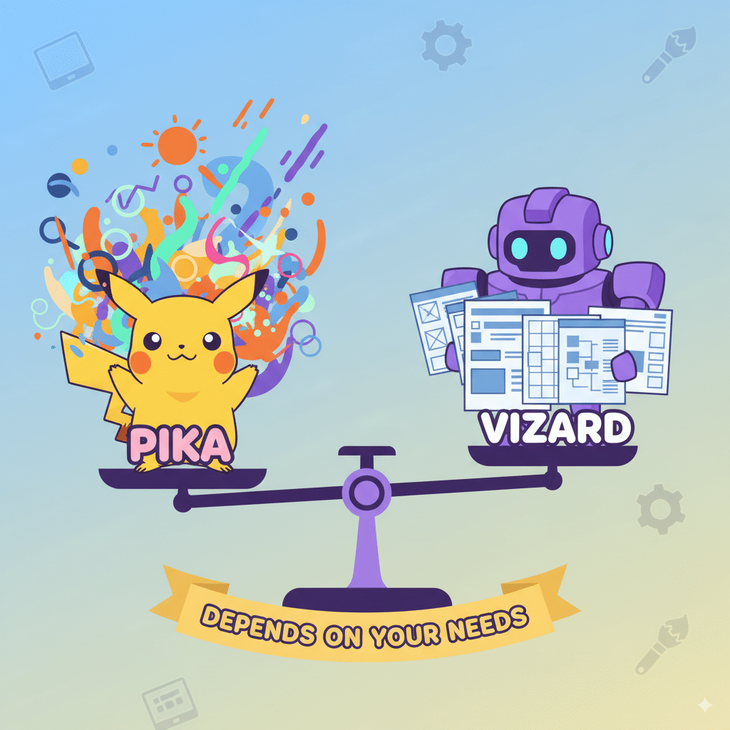 Balanced cartoon-style scale Balanced cartoon-style scale. Left side = Pika: fun, experimental, colorful sparks. Right side = Vizard: structured, organized, neat templates. Caption: “Depends on your needs.” Flat, playful design.