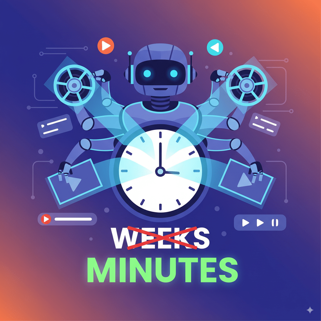 illustration of a clock, video reels, and an AI robot creating videos instantly. Modern flat illustration of a clock, video reels, and an AI robot creating videos instantly. Contrast between “weeks” crossed out and “minutes” highlighted.