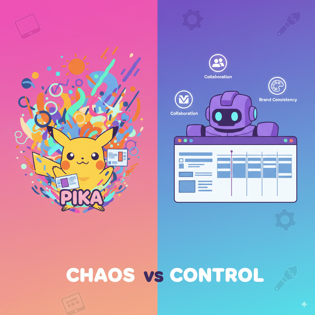 Chaos vs Control. plit illustration. Left side Pika: fast, colorful, chaotic editing with magic sparkles. Right side Vizard: neat timeline, collaboration icons, brand consistency tools. Tagline: “Chaos vs Control.”