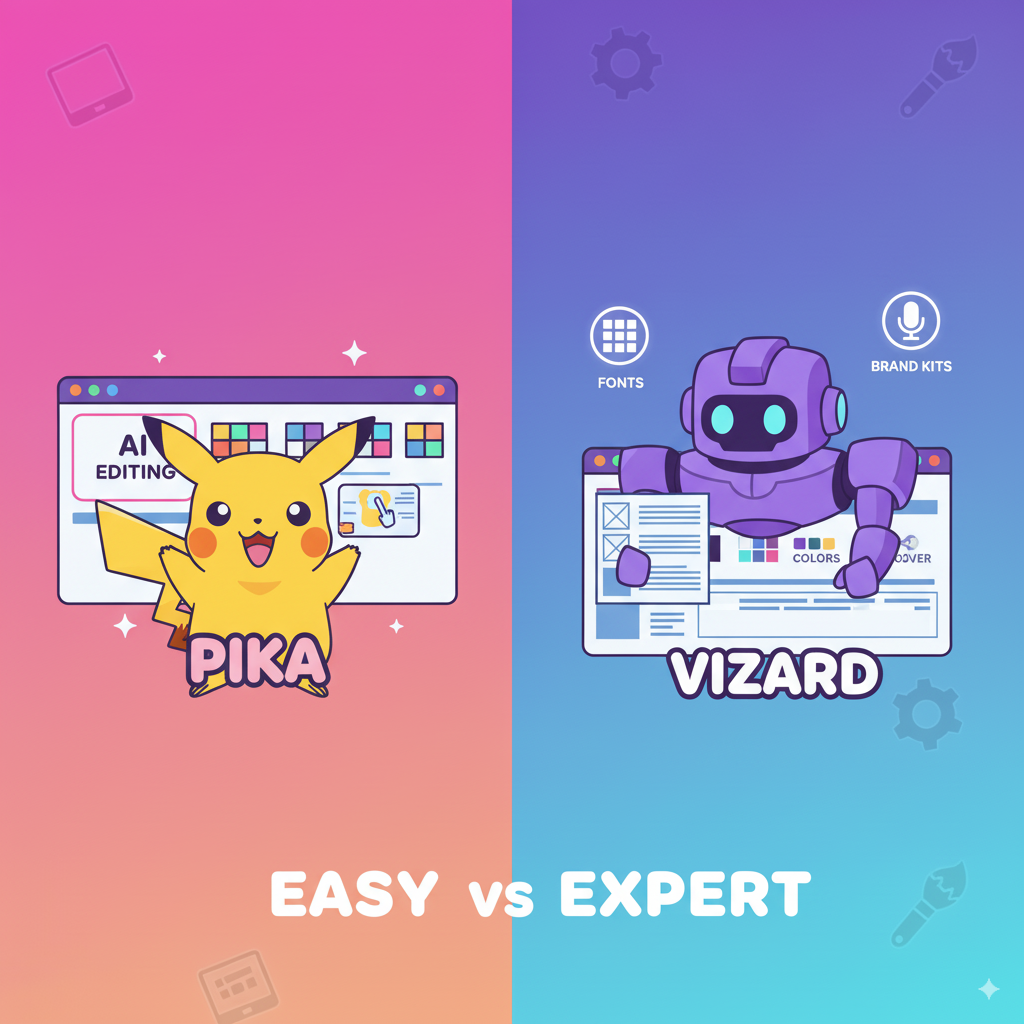 Side-by-side illustration Side-by-side illustration. Pika side: beginner with simple drag-drop AI editing. Vizard side: advanced tools—fonts, colors, brand kits, voiceover icons. Modern flat style.