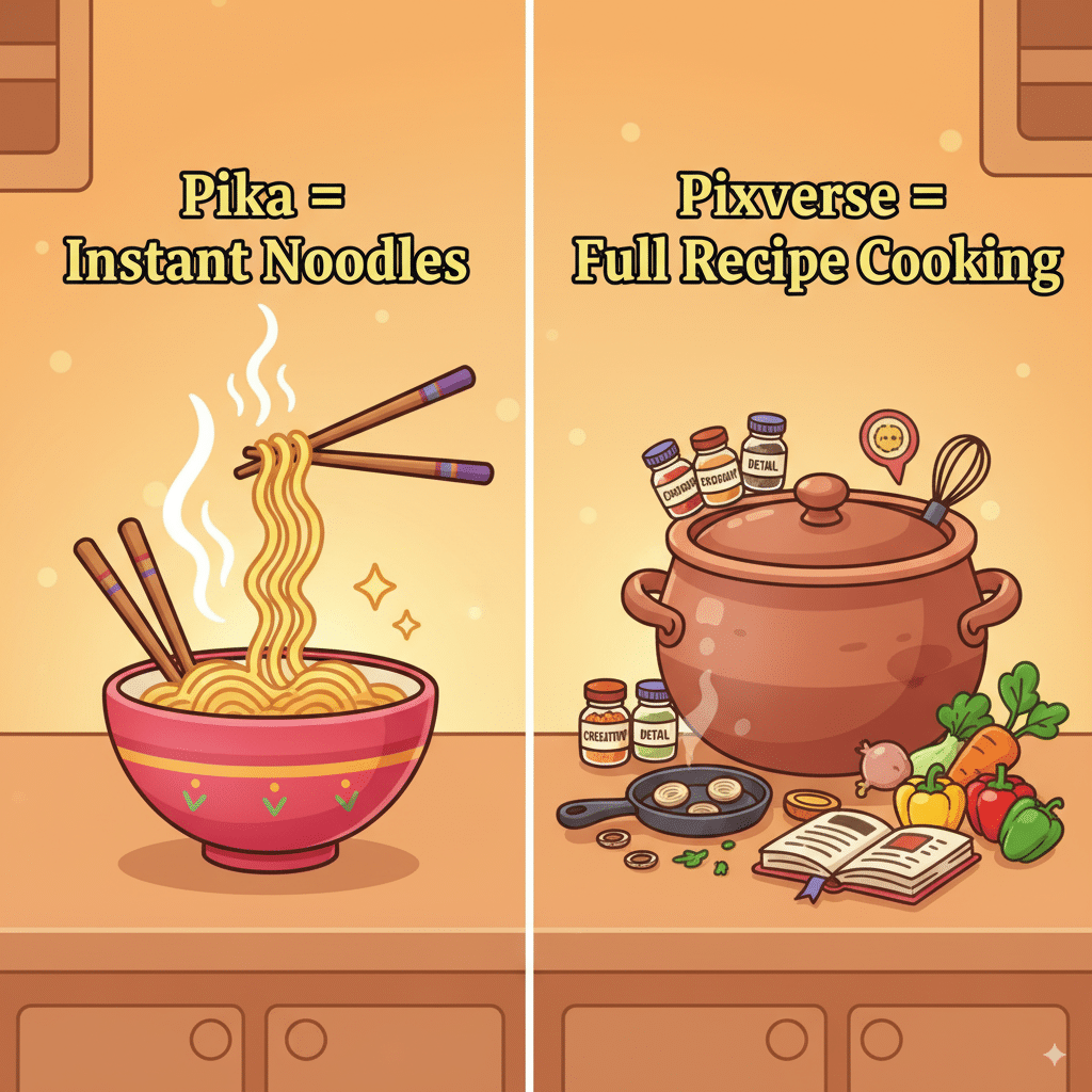 Cartoon-style scene of two bowls: one labeled “Pika = Instant Noodles” steaming quickly, the other “Pixverse = Full Recipe Cooking” with spices, pans, and detail.
