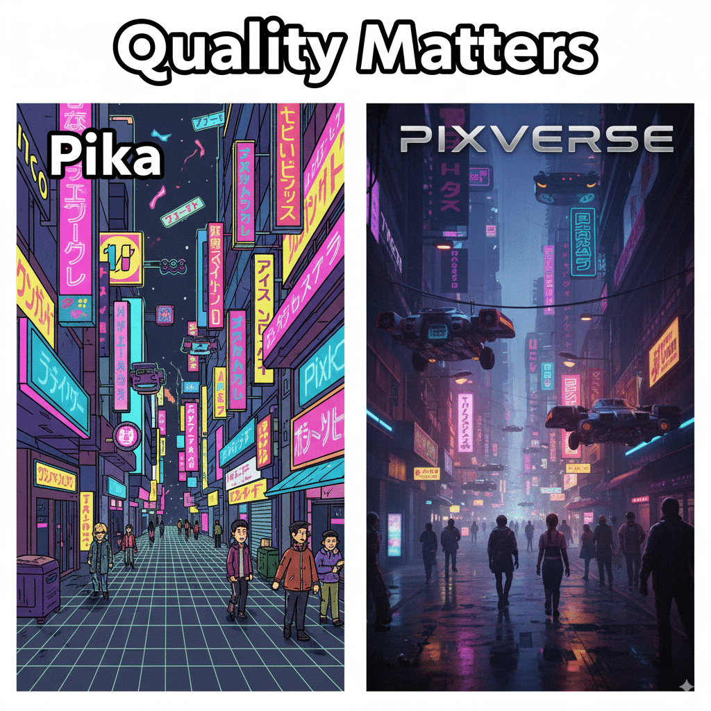 Side-by-side comparison scene. Left: Pika output of neon cyberpunk Tokyo (fun, game-like). Right: Pixverse version of the same scene (cinematic, Netflix-trailer style). Caption: “Quality Matters.”