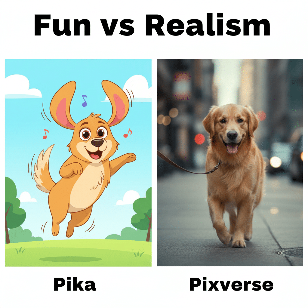 Dog photo on screen splitting into two results. Pika side: bouncy cartoon-style movement. Pixverse side: realistic walking motion. Caption: “Fun vs Realism.”