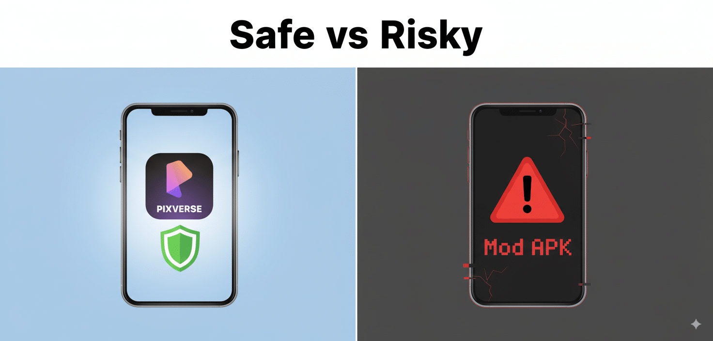 Mobile phone illustration. Official Pixverse app glowing with safety shield. Next to it, “Mod APK” dark phone with warning sign ⚠️. Caption: “Safe vs Risky.” Flat minimal design.