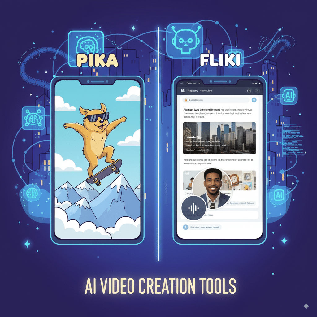 side-by-side comparison illustration: Pika screen and Fliki screen A side-by-side comparison illustration: Pika screen: A dog with sunglasses skateboarding through mountains (fun, animated). Fliki screen: A professional AI narrator reading a blog with stock video playing in background.