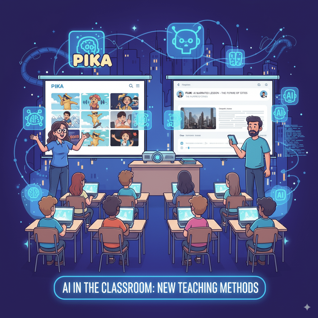 Classroom scene with two teachers Prompt: Classroom scene with two teachers: Pika teacher using short, animated TikTok clips on a projector. Fliki teacher showing a structured 10-minute narrated lesson with AI voices.
