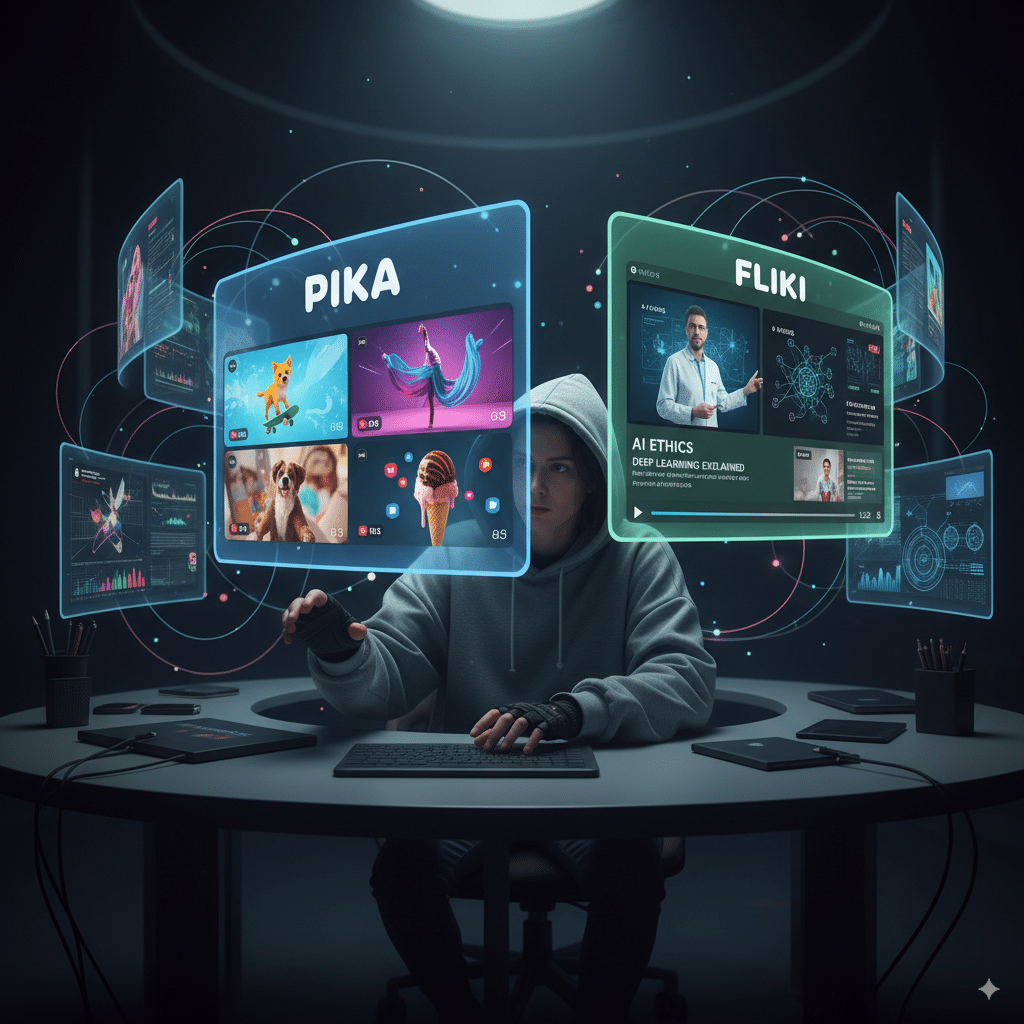 digital creator juggling multiple screens A digital creator juggling multiple screens: Pika screen showing colorful social clips. Fliki screen showing long YouTube explainer.