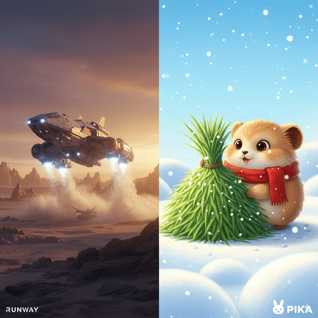 A split-screen example Prompt: A split-screen example: Left: A spaceship landing in the desert at golden hour (Runway cinematic style). Right: A cartoon pika stacking grasses under snow (Pika playful style).