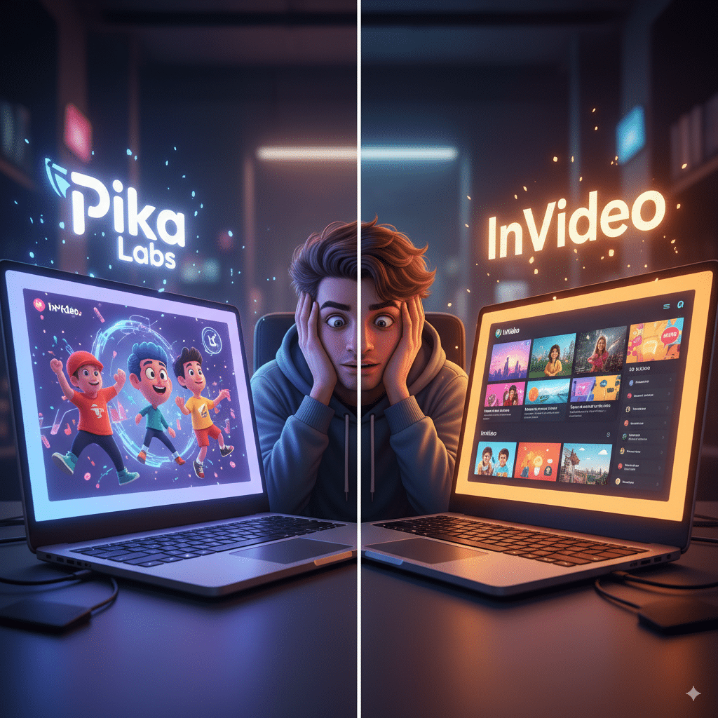 A creator sits in the middle, looking overwhelmed but excited. A split-screen digital illustration showing two glowing laptops: Left laptop labeled “Pika Labs” with animated characters and motion sparks. Right laptop labeled “InVideo” with templates, stock footage, and business icons.
A creator sits in the middle, looking overwhelmed but excited.