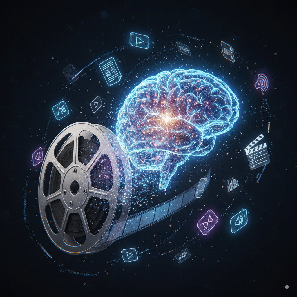 futuristic film reel morphing into a glowing AI brain A futuristic film reel morphing into a glowing AI brain, surrounded by icons like play buttons, scripts, and soundwaves—showing the shift from traditional editing to AI video generation.