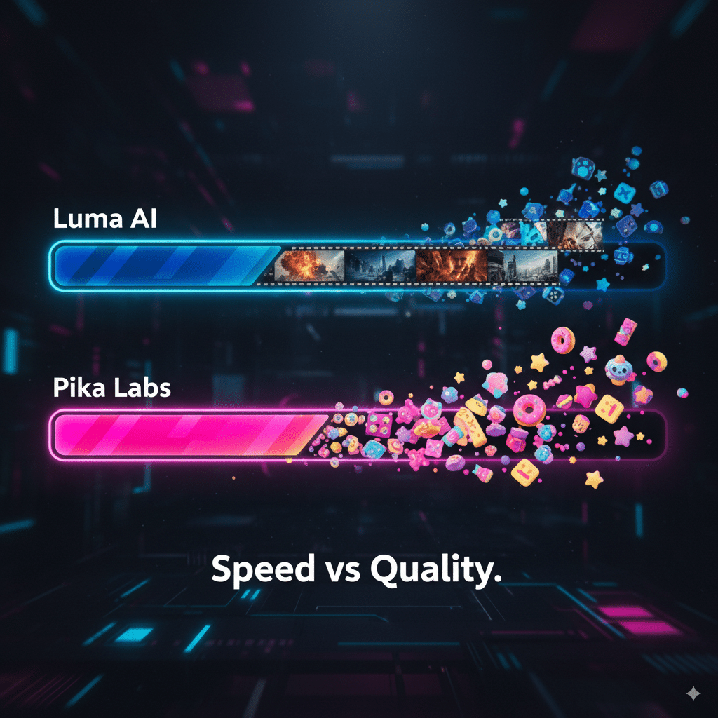 Two progress bars racing Two progress bars racing: Luma AI bar slower but glowing with cinematic movie-quality frames. Pika Labs bar fast with playful social media animations popping out.
Caption: “Speed vs Quality.”