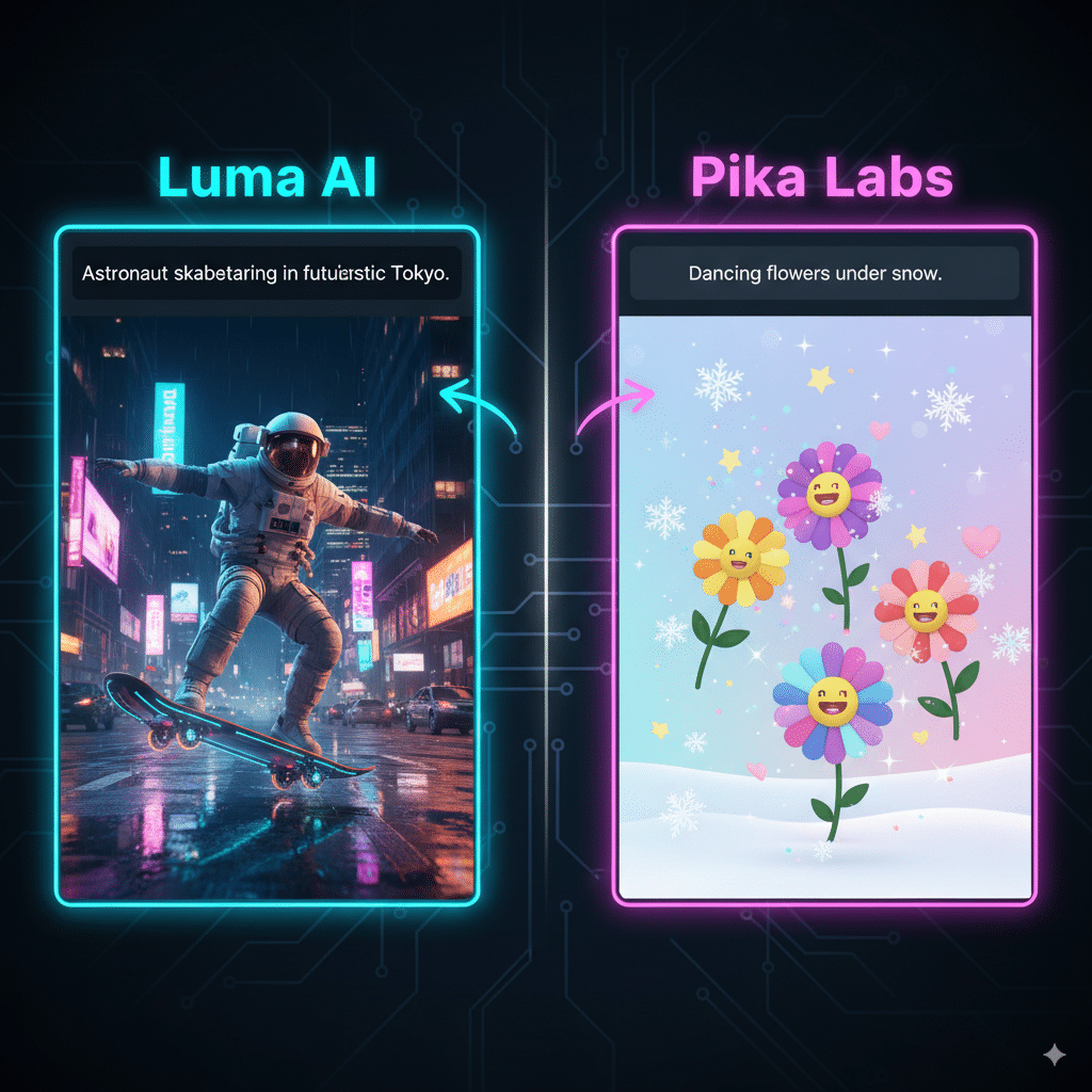 left side luma, right side pika A glowing prompt box: Left side (Luma): “Astronaut skateboarding in futuristic Tokyo” → cinematic movie trailer scene. Right side (Pika): “Dancing flowers under snow” → colorful, playful animation for social media.