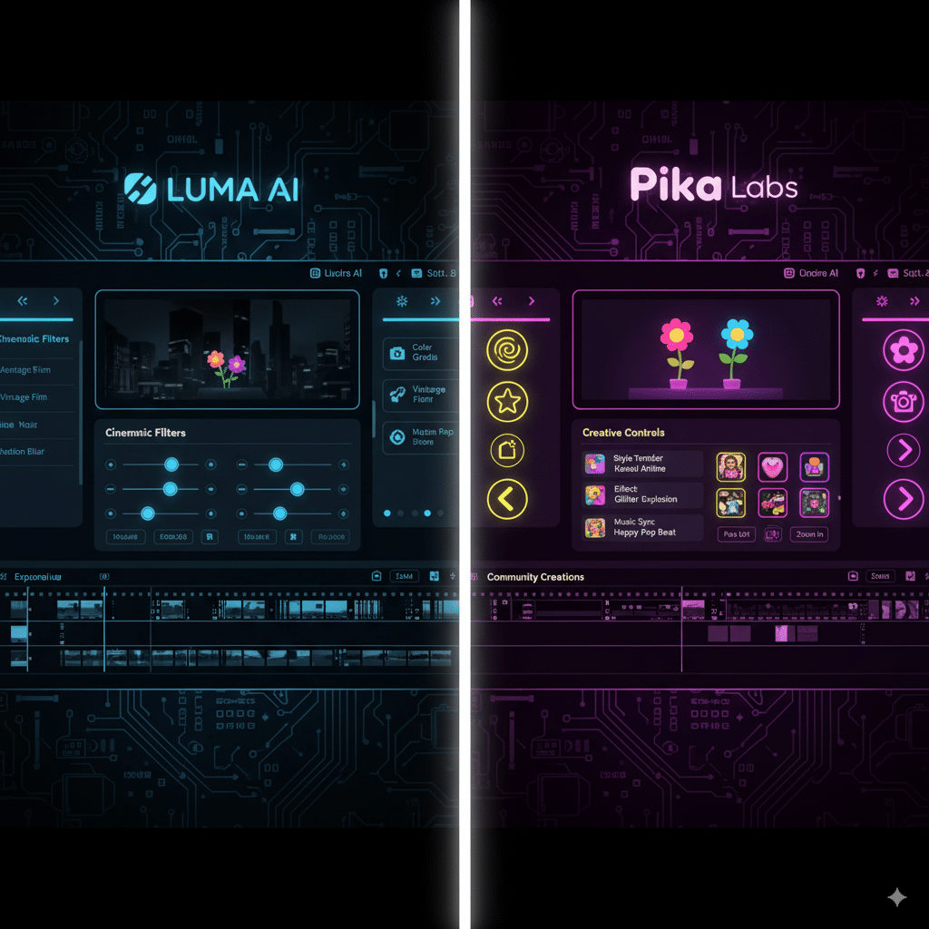 Illustration of two editing dashboards Illustration of two editing dashboards: Luma AI with detailed timeline, sliders, cinematic filters. Pika Labs with playful creative controls, camera movement arrows, and community icons.