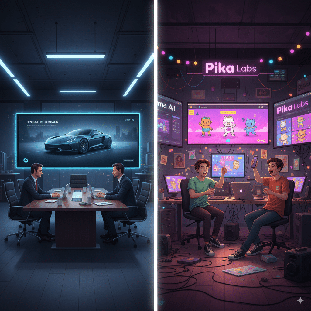 A split office scene A split office scene: Left: Luma AI used in a polished corporate boardroom, creating ad campaigns on large screens. Right: Pika Labs used in a creative studio with young creators making viral TikToks and fun clips.