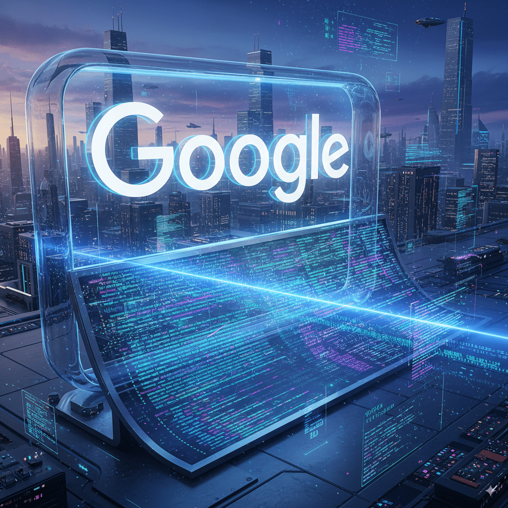 Google’s logo as a giant scanner A futuristic concept illustration of Google’s logo as a giant scanner, analyzing lines of AI-generated text glowing on a screen.