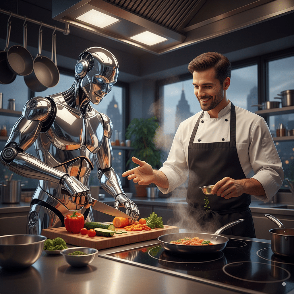 AI robot sous chef chopping vegetables in a kitchen An AI robot sous chef chopping vegetables in a kitchen while a human chef adds spices and finishes the dish.