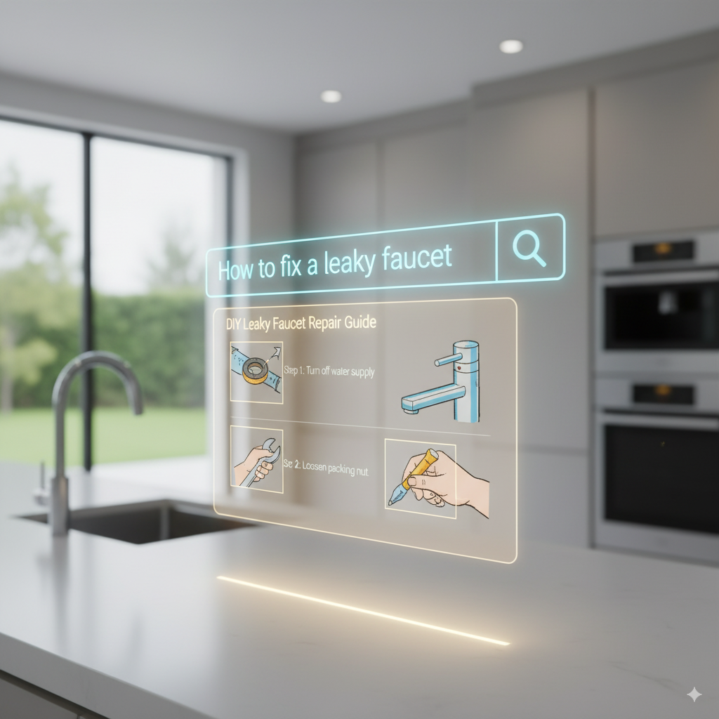 search bar with “How to fix a leaky faucet” typed in, A search bar with “How to fix a leaky faucet” typed in, and a glowing result showing a helpful blog with illustrations and step-by-step instructions.