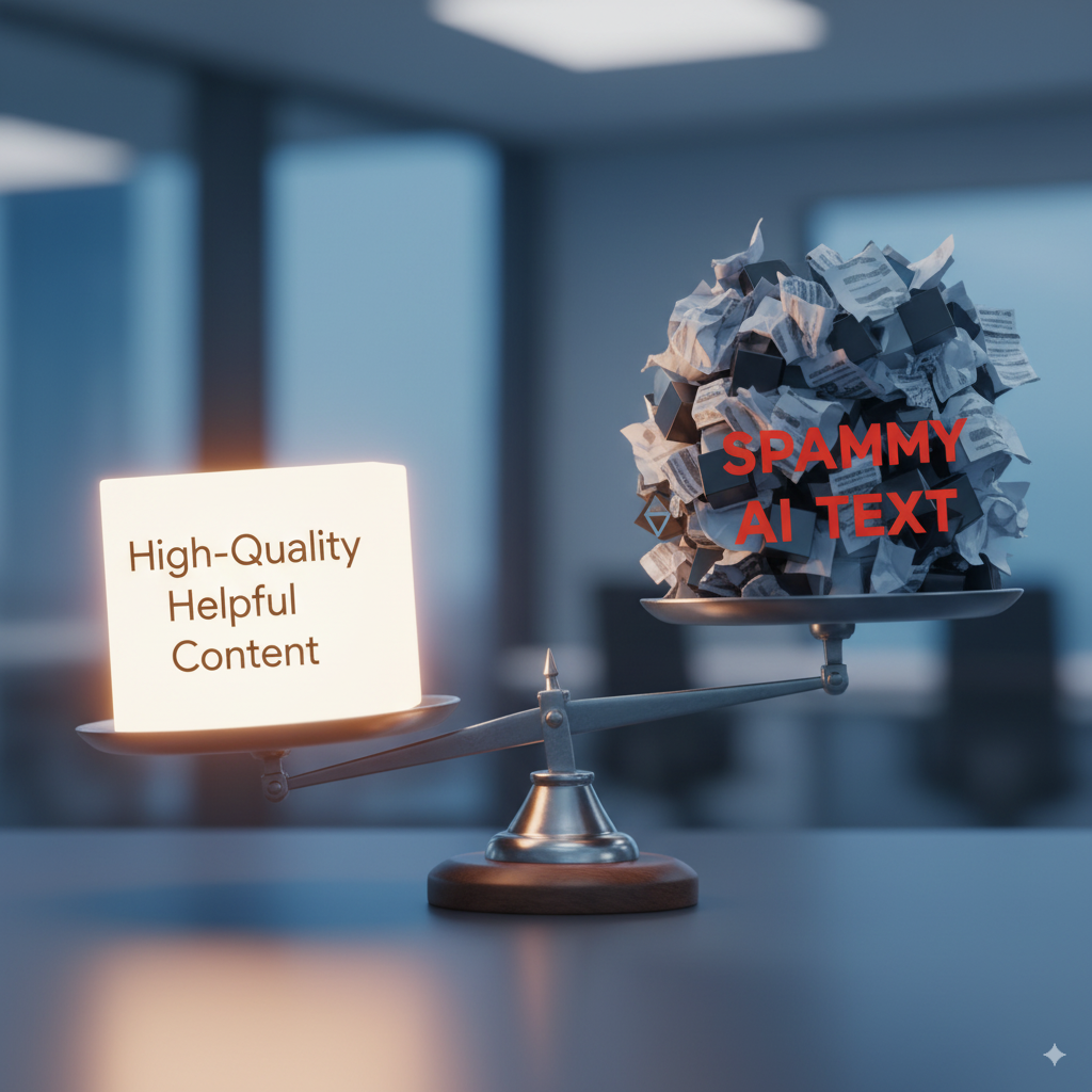 cale balancing two objects A scale balancing two objects: one side with a glowing “High-Quality Helpful Content” outweighing a heavy pile labeled “Spammy AI Text.”