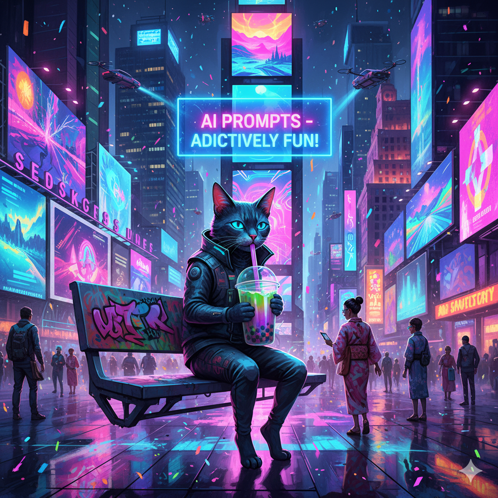 vibrant digital canvas showing surreal images A vibrant digital canvas showing surreal images like a cyberpunk cat drinking bubble tea in Times Square, emphasizing fun and addictive AI art prompts.