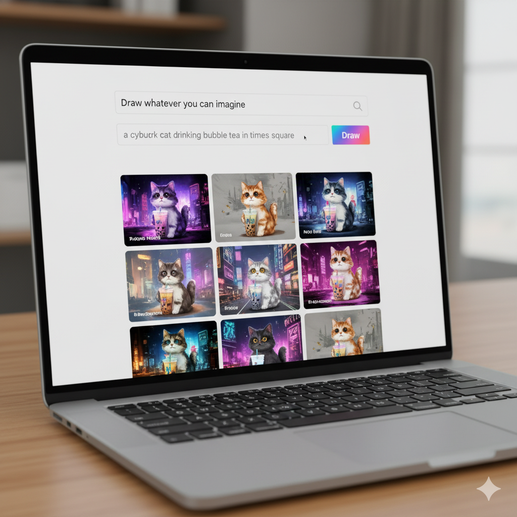 simple laptop screen with Craiyon.com open A simple laptop screen with Craiyon.com open, showing a text prompt being typed in and 9 quirky AI-generated images appearing instantly.