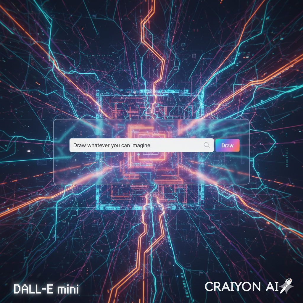 machine learning neural networks glowing behind the Craiyon interface An abstract illustration of machine learning neural networks glowing behind the Craiyon interface, with a nod to “DALL-E Mini” origins.