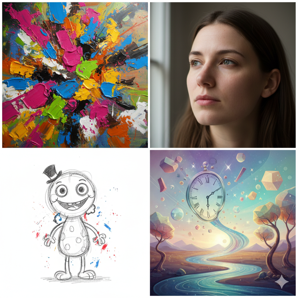 bstract colorful splashes, photorealistic portraits, cartoonish sketches A collage grid showing four styles: abstract colorful splashes, photorealistic portraits, cartoonish sketches, and surreal dreamlike scenes.