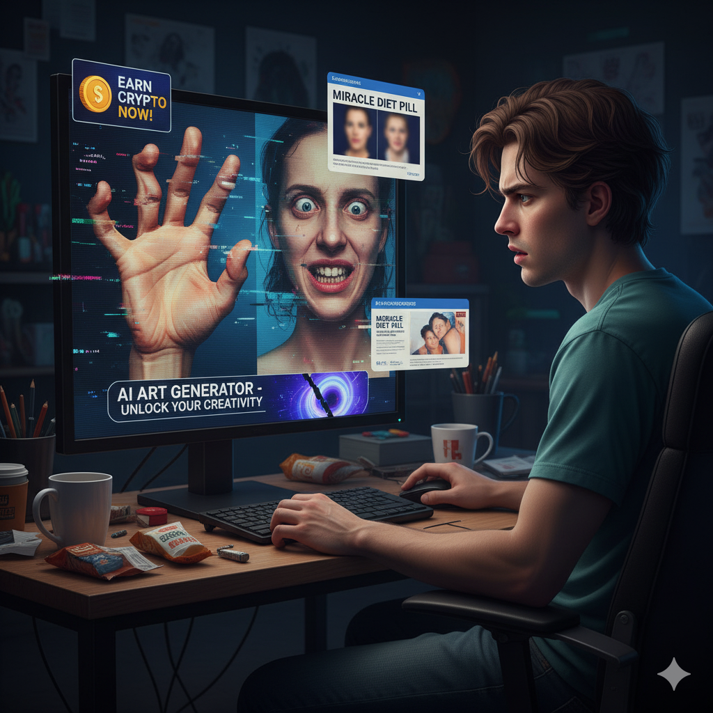 frustrated user staring at glitchy AI images A frustrated user staring at glitchy AI images—distorted hands, uncanny faces—while ads pop up around the screen.