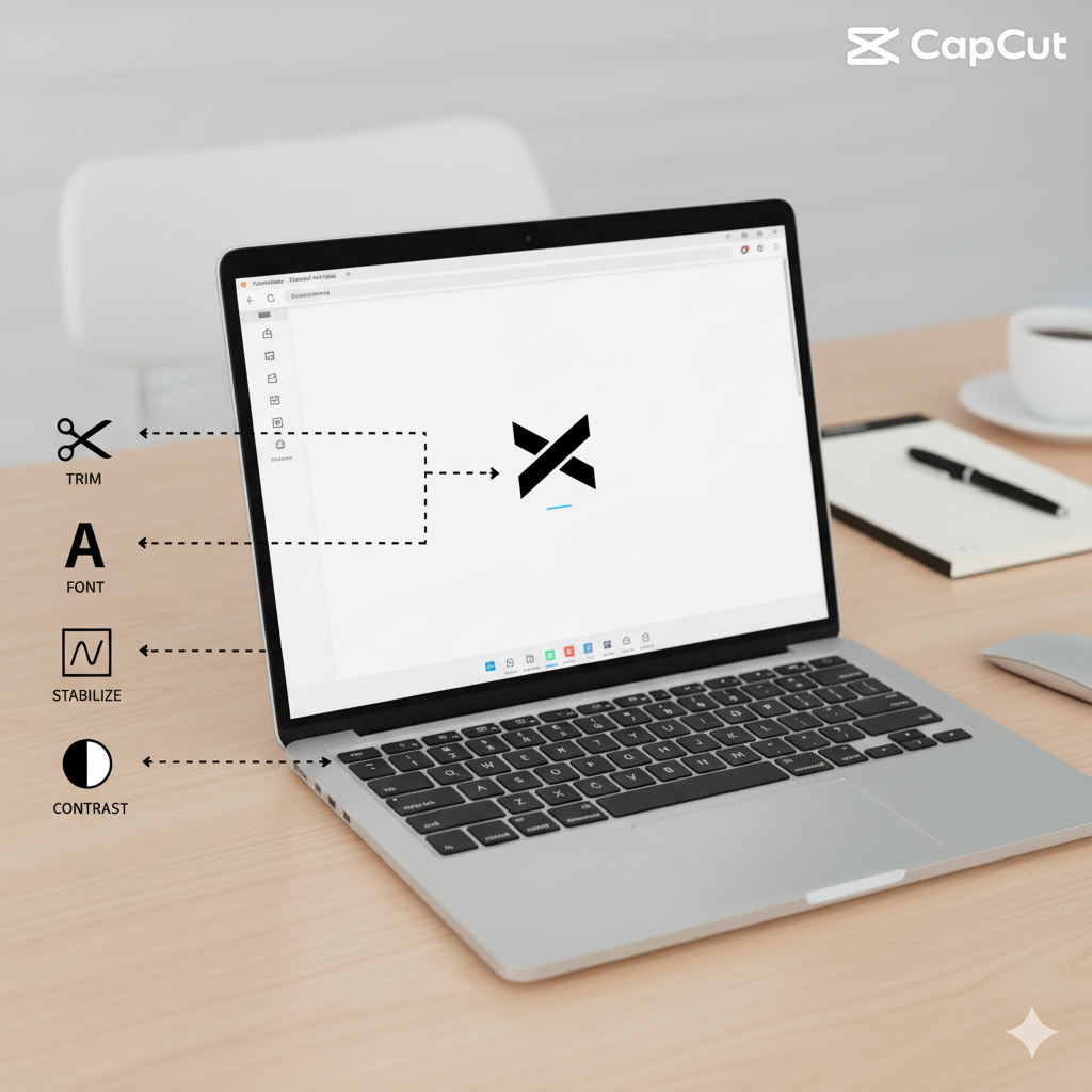 workspace showing simple editing tools A workspace showing simple editing tools—trimming, font selection, stabilizer icon, and color contrast adjustments—applied to a small logo design.