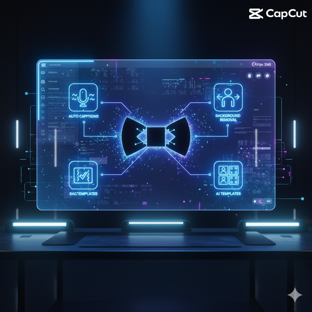 futuristic design of CapCut’s interface glowing with AI icons A futuristic design of CapCut’s interface glowing with AI icons—auto captions, background removal, AI templates—while a logo is being built.