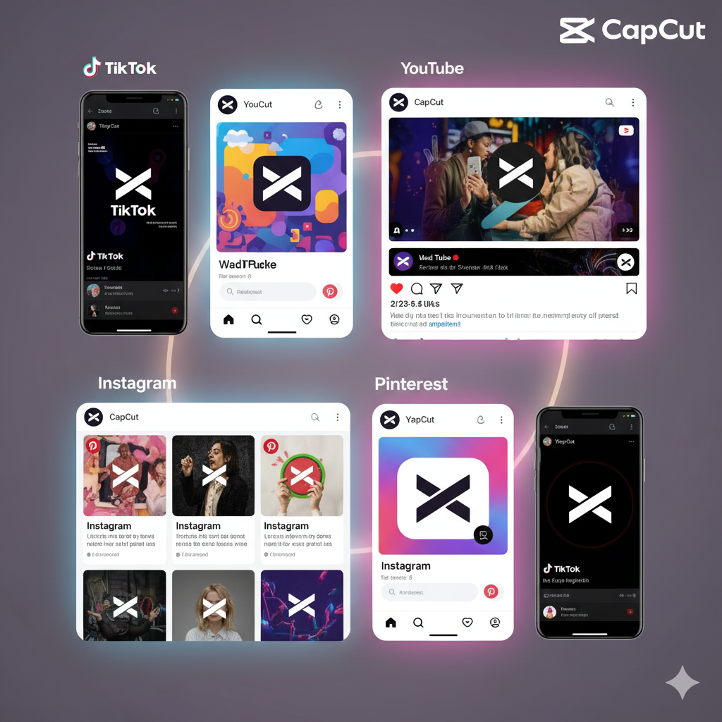 collage of social media platforms A collage of social media platforms (TikTok, YouTube, Instagram, Pinterest) with the same logo adapted differently for reels, thumbnails, and profile icons.