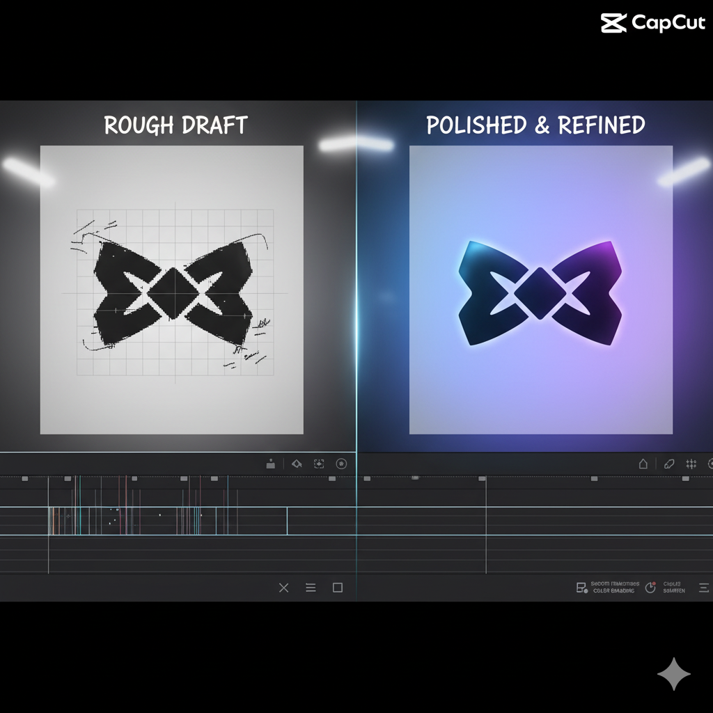 refined version with smooth transitions, filters, and clean edges. A split screen: one side shows a rough draft logo, the other shows a polished, refined version with smooth transitions, filters, and clean edges.